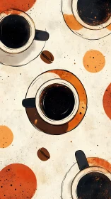 Coffee cup pattern with bold orange circles on cream background.