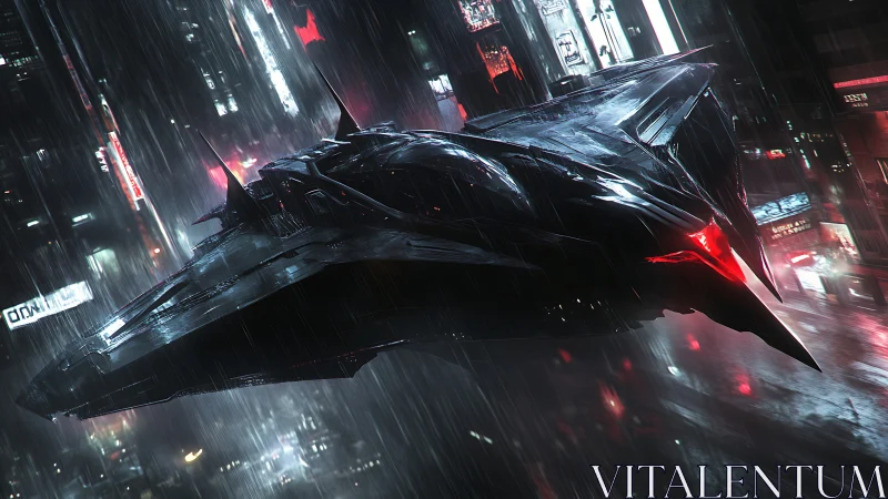 Midnight stealth cruiser gliding through neon storm skies.