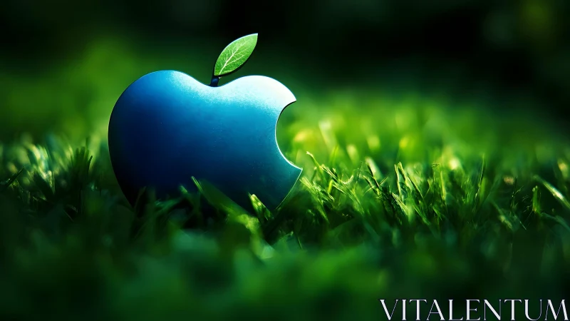 Blue apple with a bite in lush grass, digital art style.