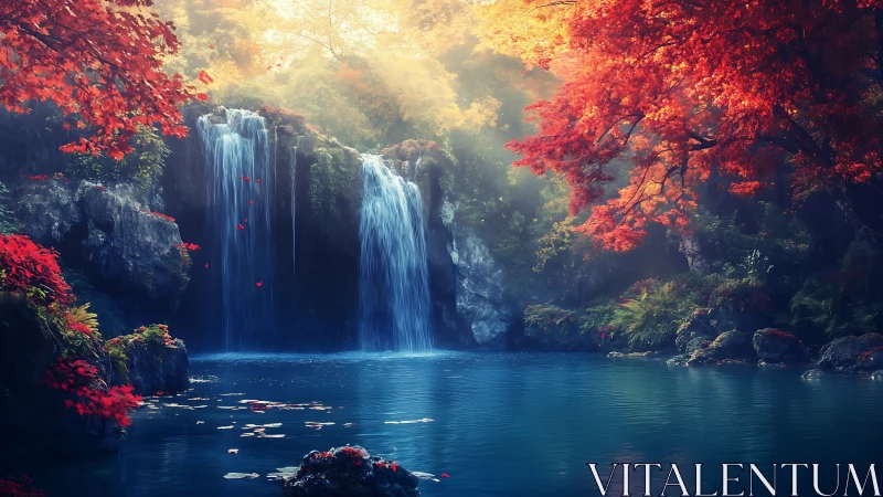 Crimson forest waterfall whispering over a tranquil blue pool.