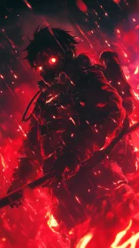 Infernal masked warrior amid falling embers at night.