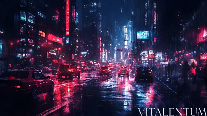 Neon soaked city avenue glows softly through a rainy night