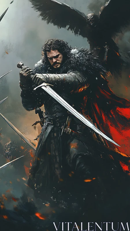 Storm-dark warrior braces as raven-shadowed steel sings