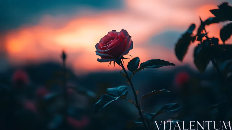 Crimson Rose Silhouetted Against Twilight Gradient Sky.