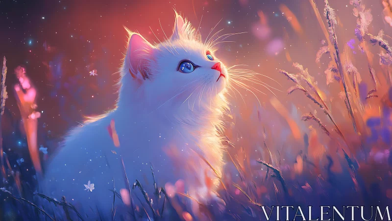 A Magical White Cat Gazes Upward in an Enchanted Glowing Field