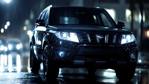 Black SUV cuts through wet city night with piercing headlights.