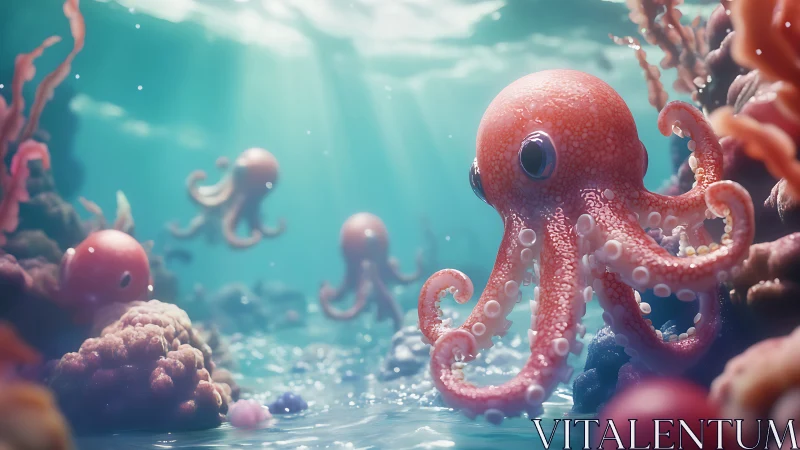 Playful coral reef octopus rendered in soft 3D bokeh lighting.