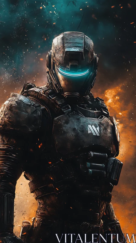 Armored sci fi soldier stands amid burning battlefield.