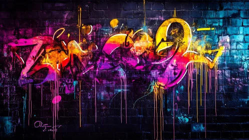 Neon graffiti explodes across a dark urban brick wall.