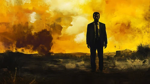 Man in suit stands in scorched desert under yellow sky.