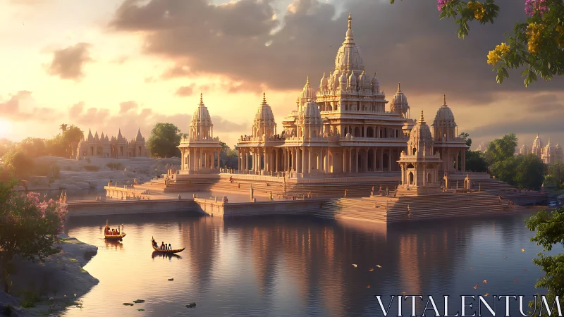 Riverside temple complex under warm sunset illumination.