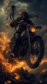 Motorcycle rider advances through fire in stormy landscape