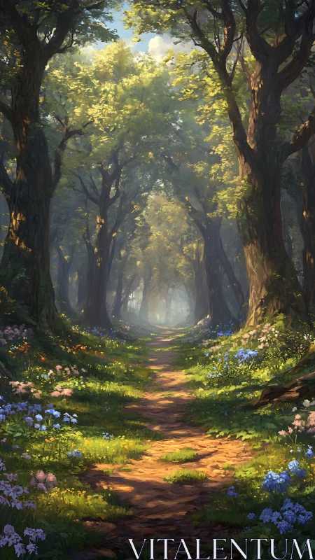 Luminous forest path lined with ancient trees and wildflowers.