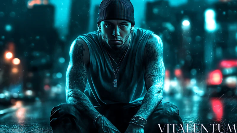 Brooding street loner sits in neon soaked midnight rain