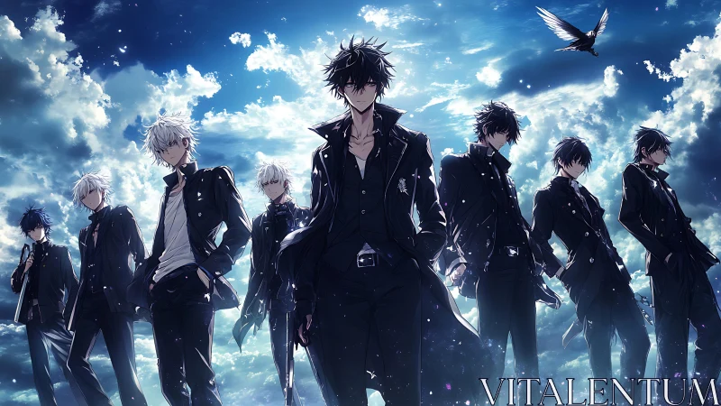 Storm-lit anime delinquents aligned against high-altitude cloudscape