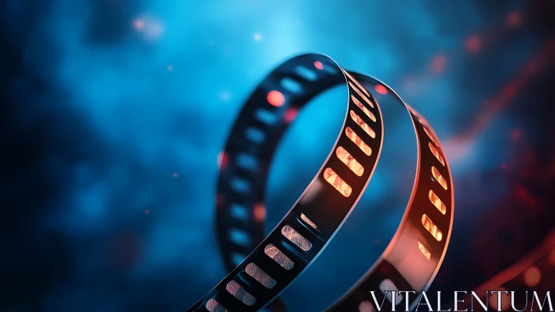 Glowing film reel swirling through a dreamy blue cosmos.