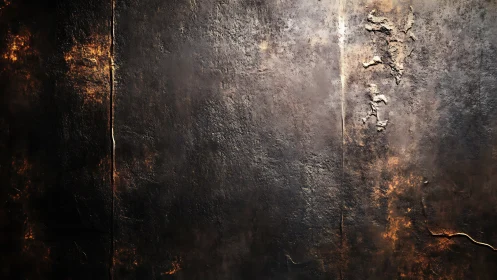 Textured dark metal surface with rusted streaks and cracks.