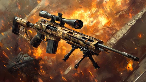 Tactical sniper rifle with digital camo over fiery blast field.