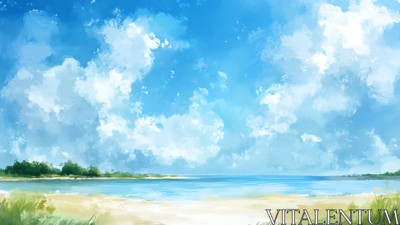 Sunlit shoreline under expansive painterly summer sky.