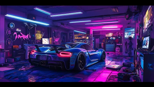 Neon blue supercar idles in a cyberpunk tuning garage.