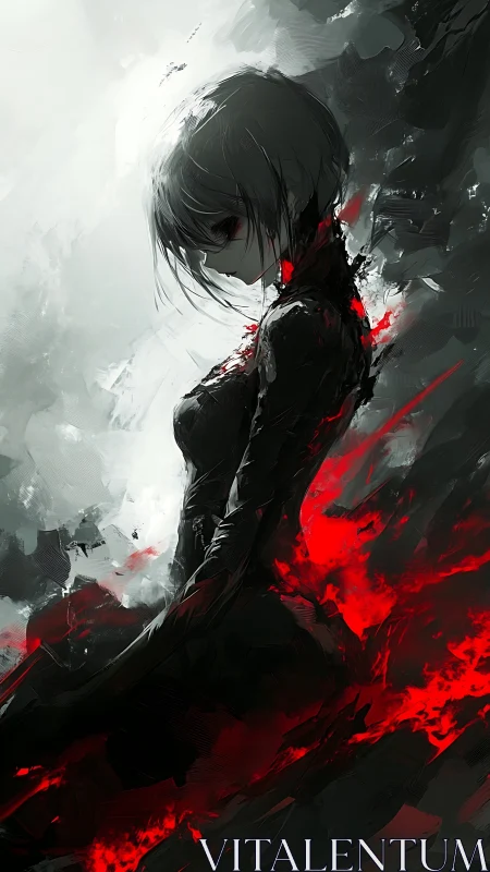 Side-lit anime figure in red-black abstraction with dynamic brushwork