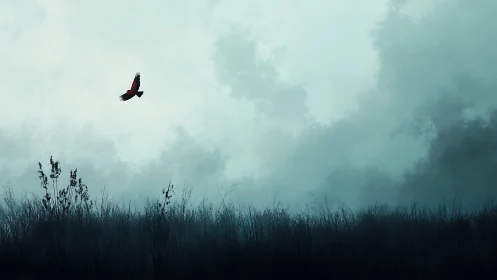Solitary Bird Flying Over Misty Marshland in Moody Minimalist Style.
