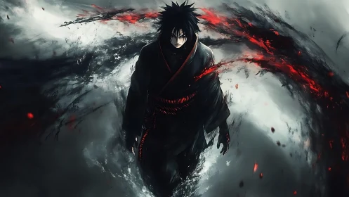 Dark robed figure amid swirling black and red energy field.