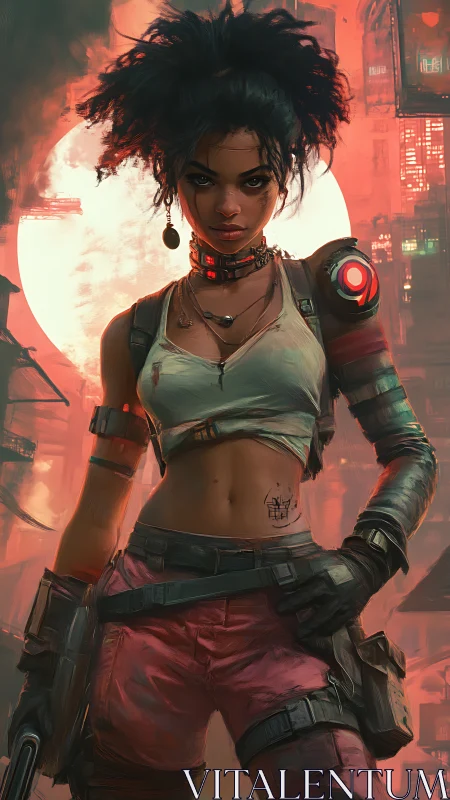 Fearless cyberpunk heroine stands bold in neon dusk streets
