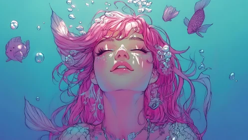 Underwater portrait of pink haired mermaid with fish nearby.