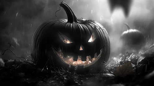 Backlit carved jack-o-lantern under rain with cinematic volumetric fog