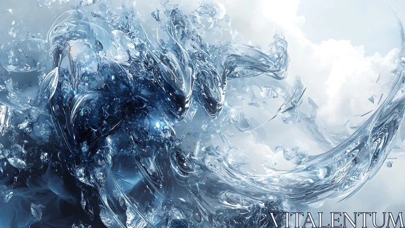 Crystalline liquid vortex swirls through luminous cloudy sky.