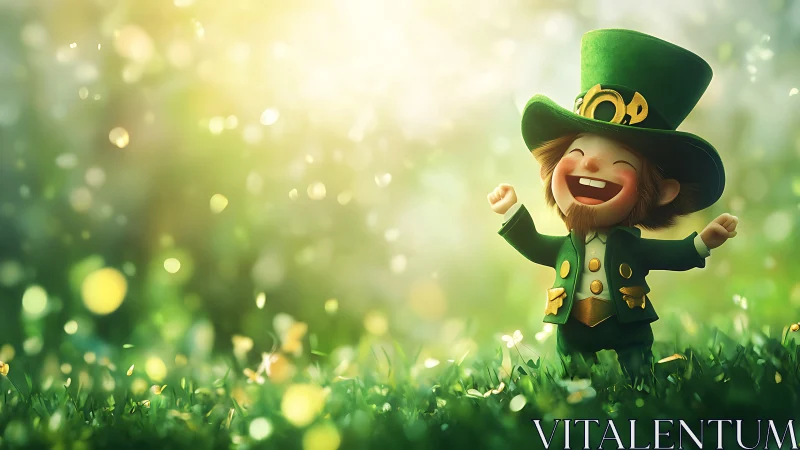 Cheerful leprechaun character in glowing spring meadow bokeh