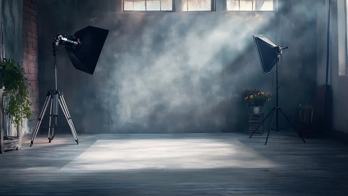 Empty portrait studio stage under diffused window light