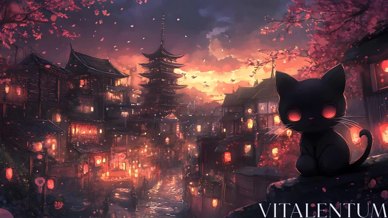 Neon-eyed black cat above lantern lit riverside pagoda town