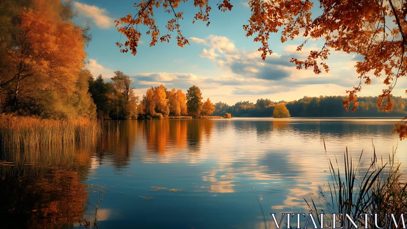 Golden autumn lake quietly rehearses its sunset symphony