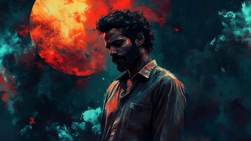 Melancholic figure under blazing red moon in stormy sky.