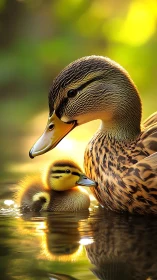 Sunlit mallard mother and duckling on reflective pond.