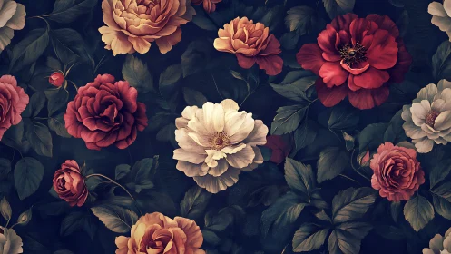 Vintage Floral Arrangement Against Dark Navy Background.