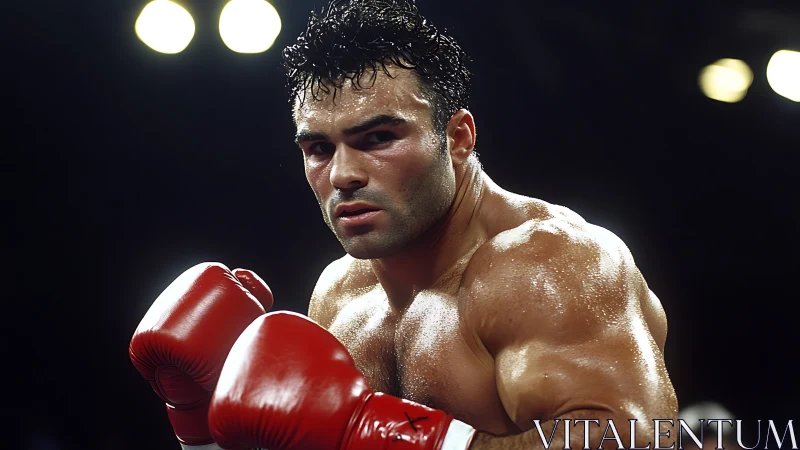 Professional boxer in red gloves under ring lights