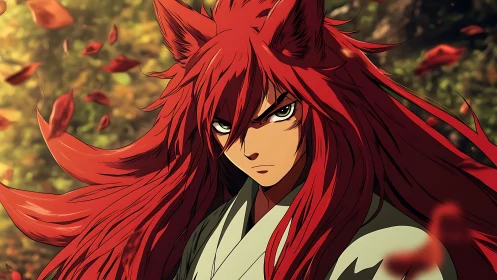 Fierce fox warrior stands strong amid swirling autumn leaves