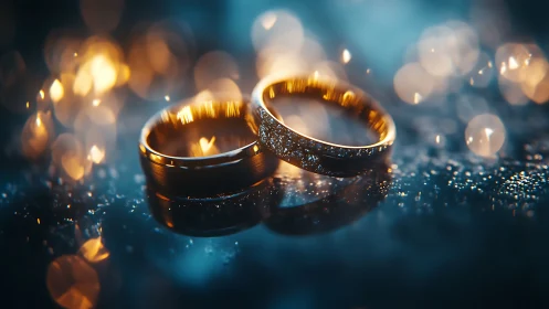 Golden wedding rings glow amid dreamy bokeh lights