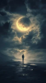 Backlit coastal silhouette under luminous crescent moon halo