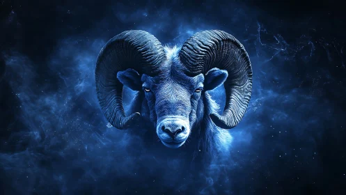 Cosmic ram emerges from starlit nebula in electric blue.