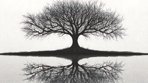 Silent winter tree mirrored in a glassstill shoreline hush.
