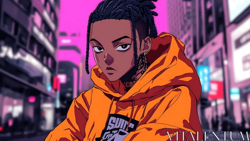 Urban anime character in orange hoodie on neon city street.