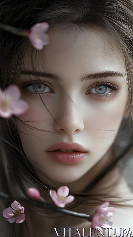 Porcelain face framed by cherry blossoms in soft focus.