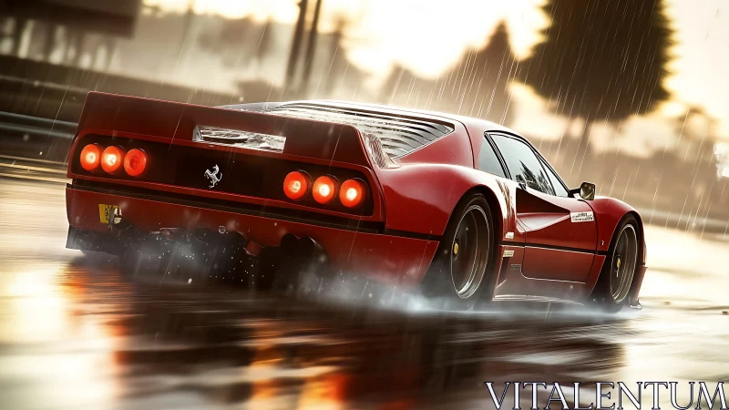 Red rain-slick supercar drifting through golden stormlight.