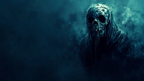 Haunting hooded figure emerging from deep teal mist.