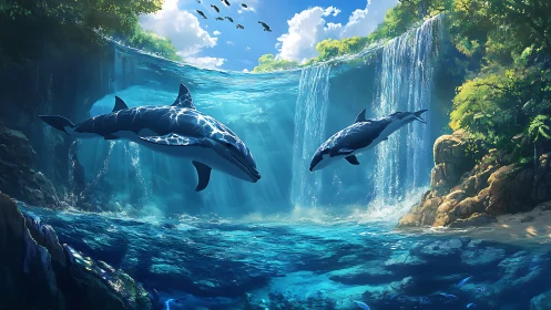 Playful dolphins drifting beneath sunlit waterfall worlds.