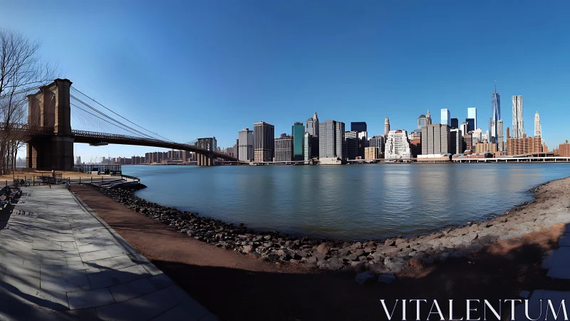 Brooklyn Bridge hush and downtown skyline bask in blue daylight.